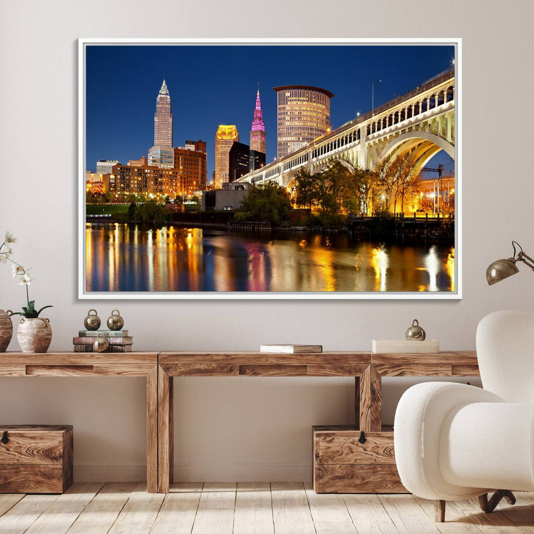 The Cleveland City Lights Canvas showcases a lit-up bridge and cityscape at night.