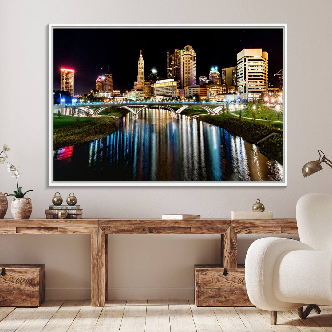 The Columbus City Lights Night Skyline Wall Art Canvas Print adorns the wall.