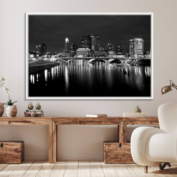 Columbus City Lights Skyline canvas print in black and white, featuring museum-quality craftsmanship and free shipping.