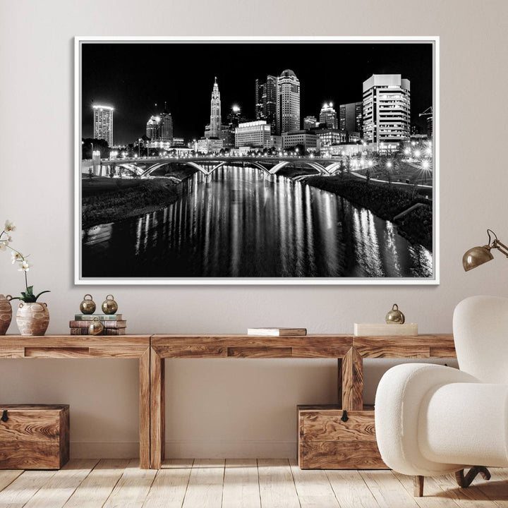 Columbus City Lights Skyline Black and White Canvas with UV coating.