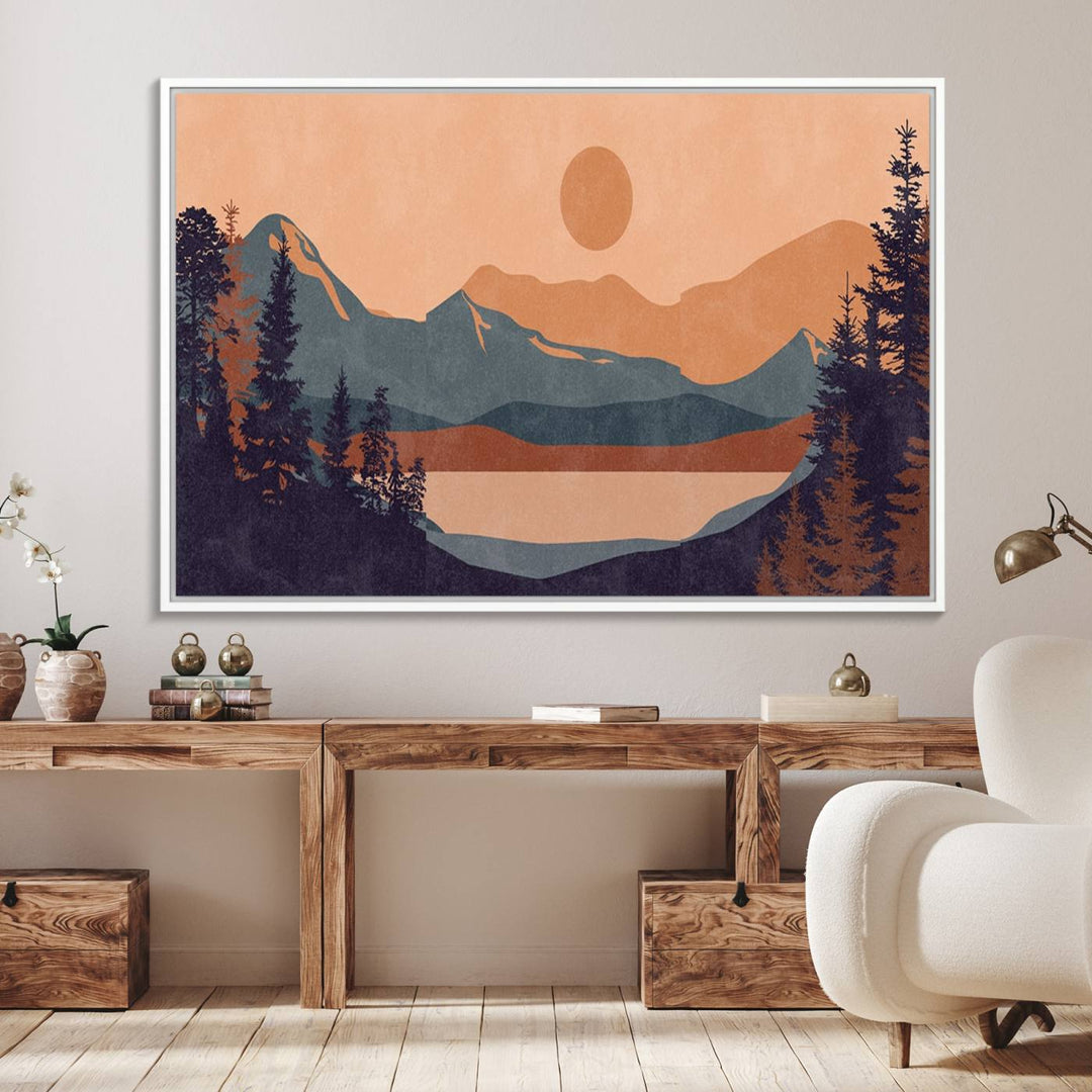 The Modern Boho Sunset Triptych displays a mountain sunset.