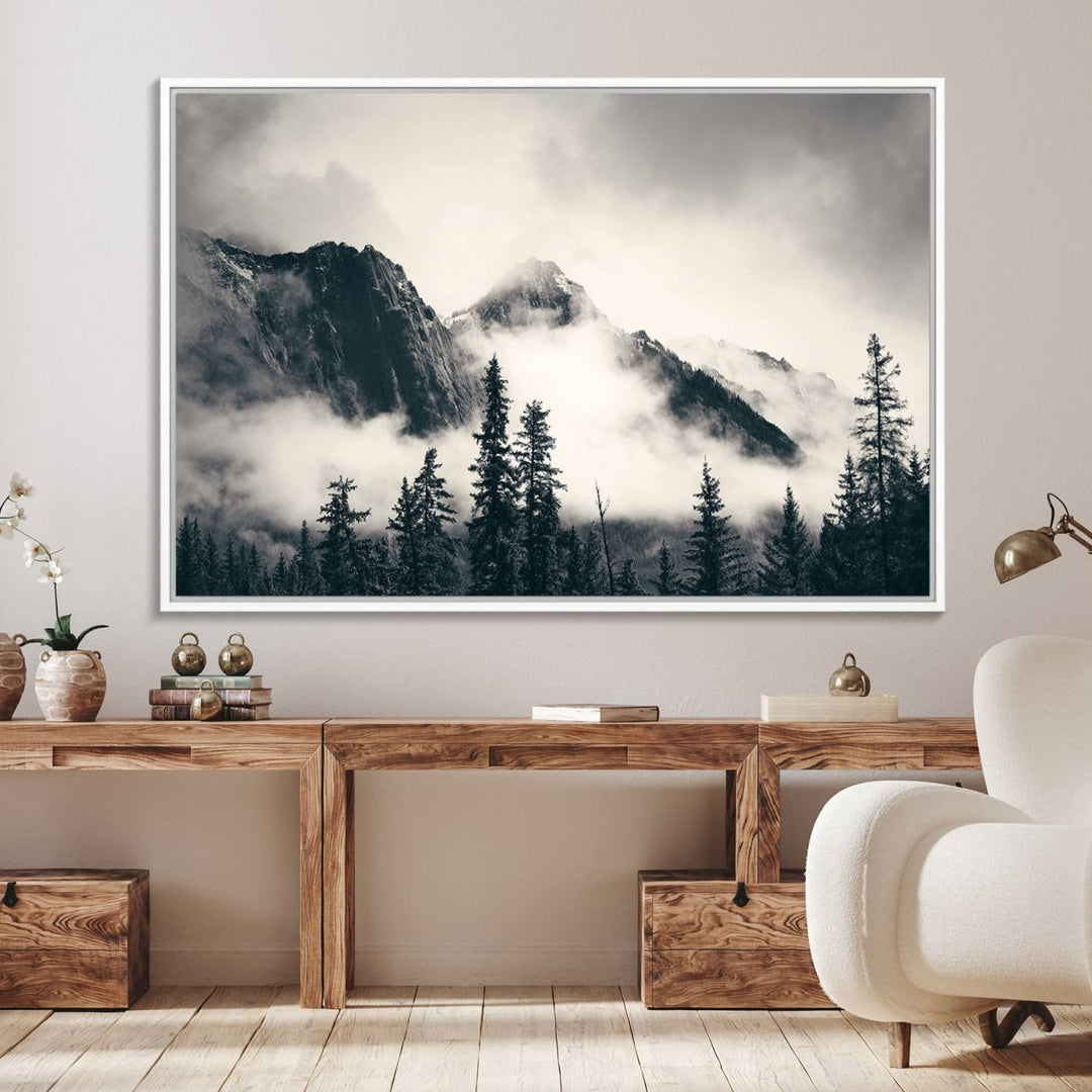 A large foggy mountain forest canvas print hangs prominently in the room.