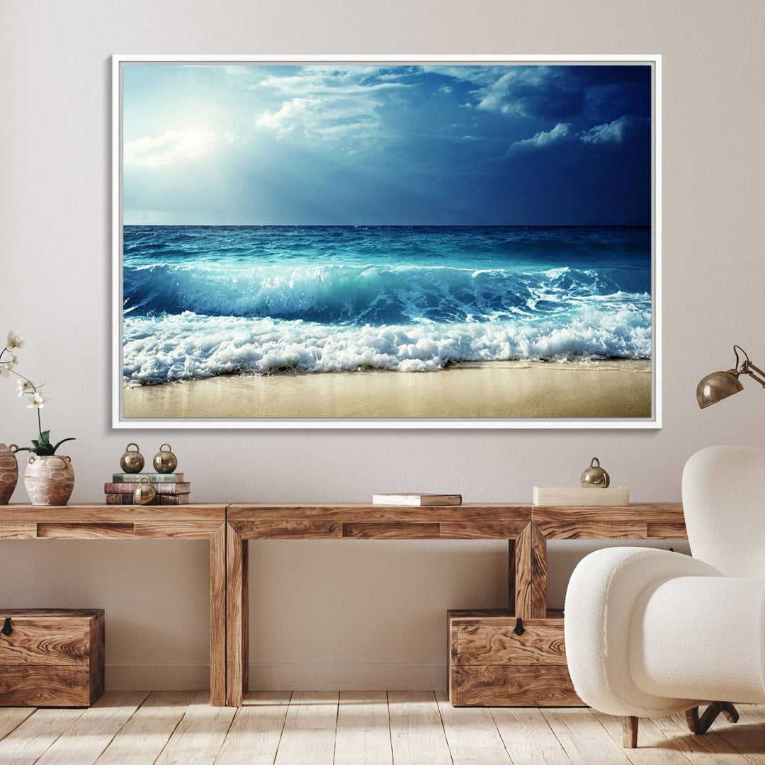 The Majestic Ocean Wave Wall Art Canvas, a 3-panel seascape print, is featured prominently.