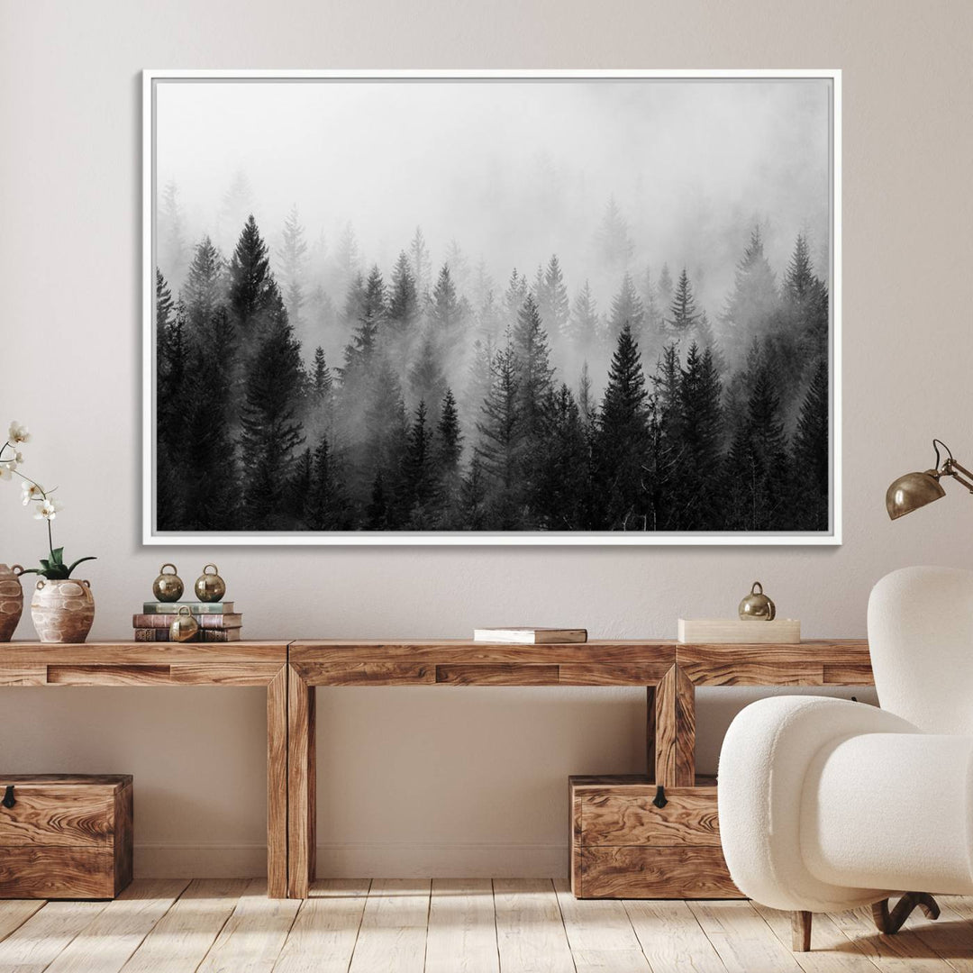 The Foggy B&W Forest Wall Art, featuring pine trees, enhances the minimalist kitchen ambiance.