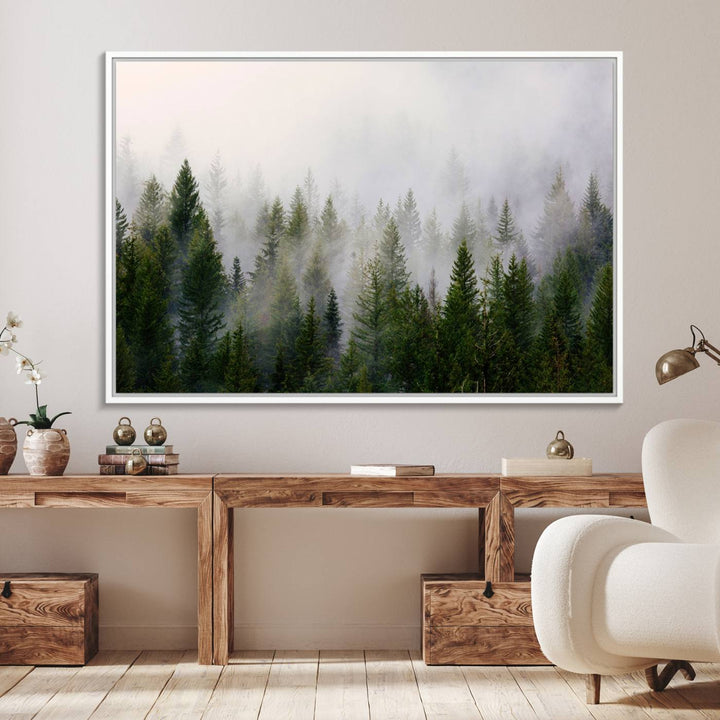 Misty Pine Forest Canvas Print serves as a foggy forest decor piece in the kitchen.