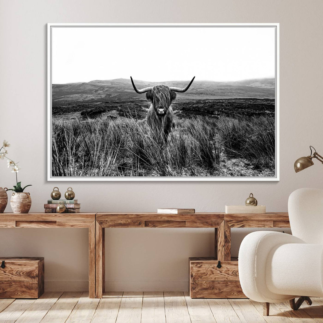 Dining room featuring a Black and White Highland Cow Canvas for a Western-themed decor.