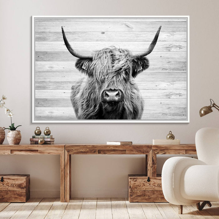 Scottish Highland Cow Cattle Art adds rustic farmhouse charm to the space.