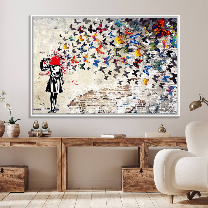 Banksy Art Butterfly Girl Explosion: Vibrant urban graffiti canvas for modern interiors, ready to hang.