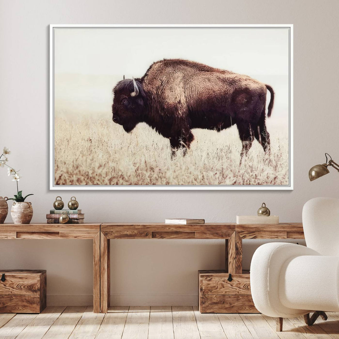 The dining room showcases the Bison in Field canvas print.