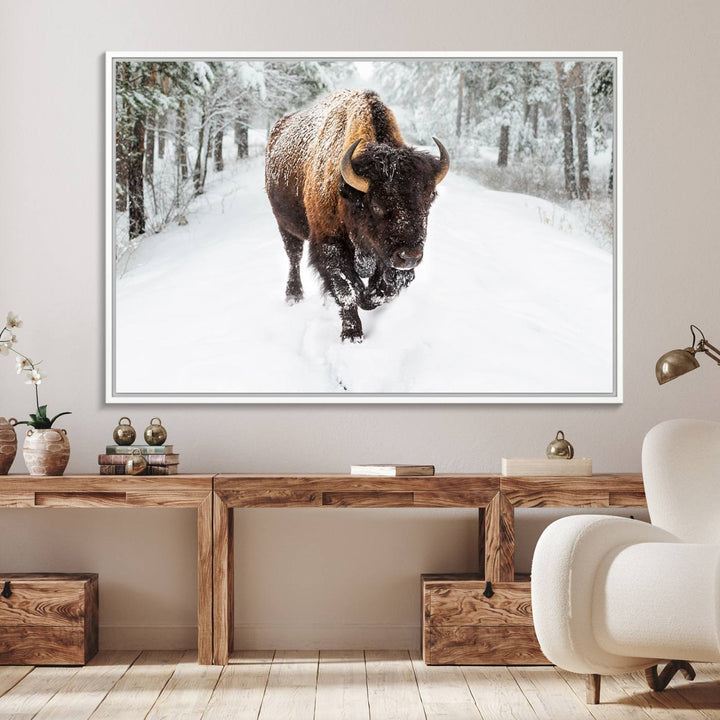 The dining area showcases the Bison Wall Art Canvas Print for Farmhouse.