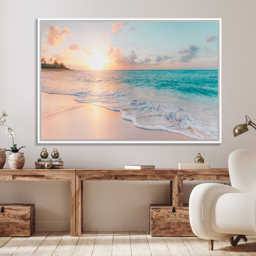 The kitchen features the Beach Sunrise Wall Art, Coastal Sunset Beach Scene.