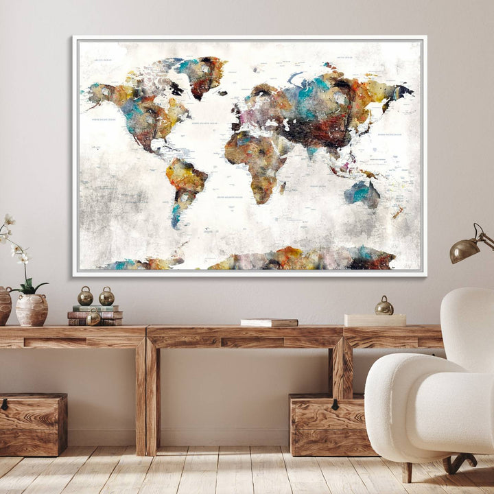 The Colorful World Map Wall Art Canvas Print adds vibrance to the space, ideal for geography lovers.