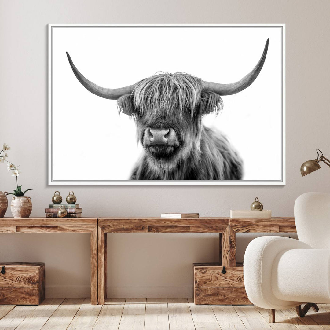 The Grayscale Scottish Highland Cow canvas is a museum-quality piece perfect for your dining room. Enjoy free shipping on this stunning artwork!.