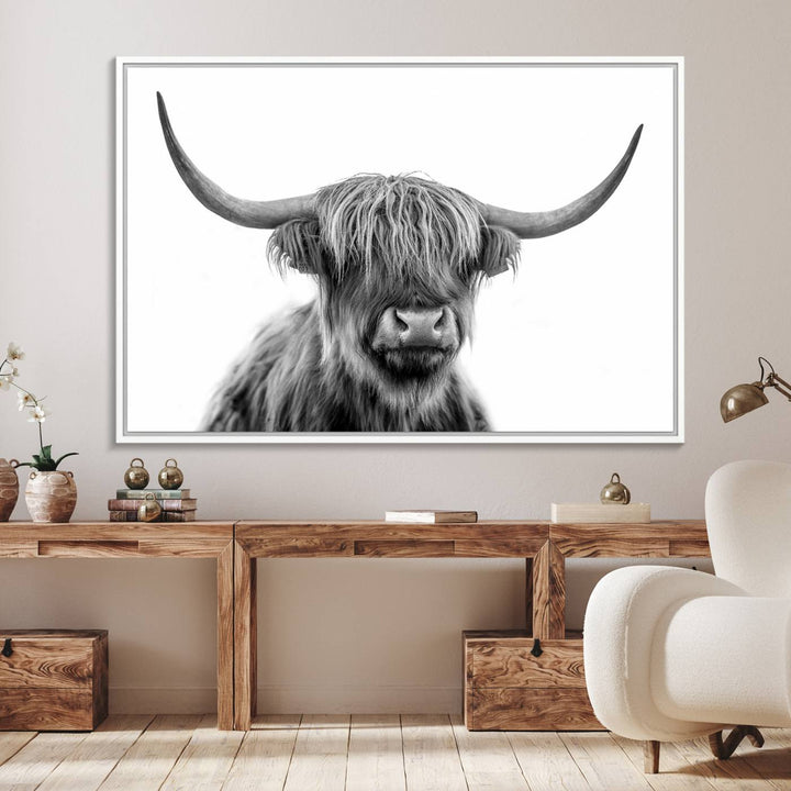 A Scottish Highland Cow Art Canvas adds charm to the farmhouse decor.