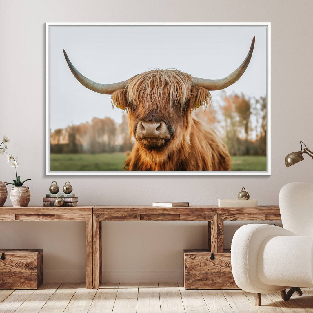 A dining room featuring a Highland Cow Animal Scottish Cattle canvas.