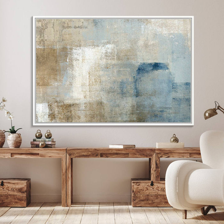 Abstract Blue and Beige Wall Art canvas print set with a modern minimalist aesthetic.