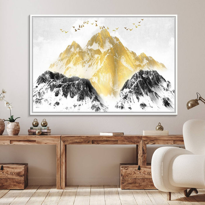 Golden Mountain Triptych Wall Art features gold-tinted mountains and birds.