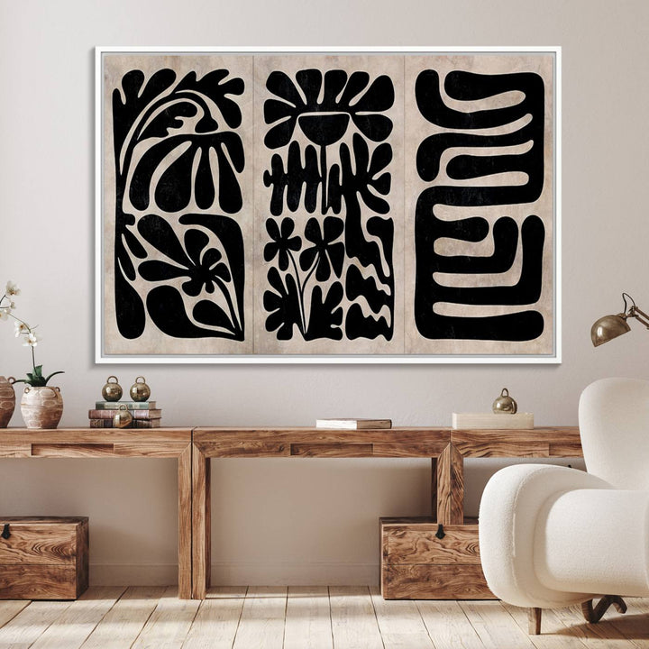 Canvas Print Wall Art Abstract Illustrs Art Boho features bold black patterns on a light background.