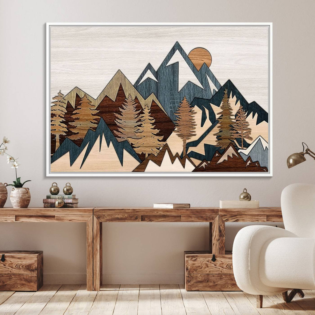 A Woodland Mountain Landscape Triptych serves as the centerpiece of the rustic decor.