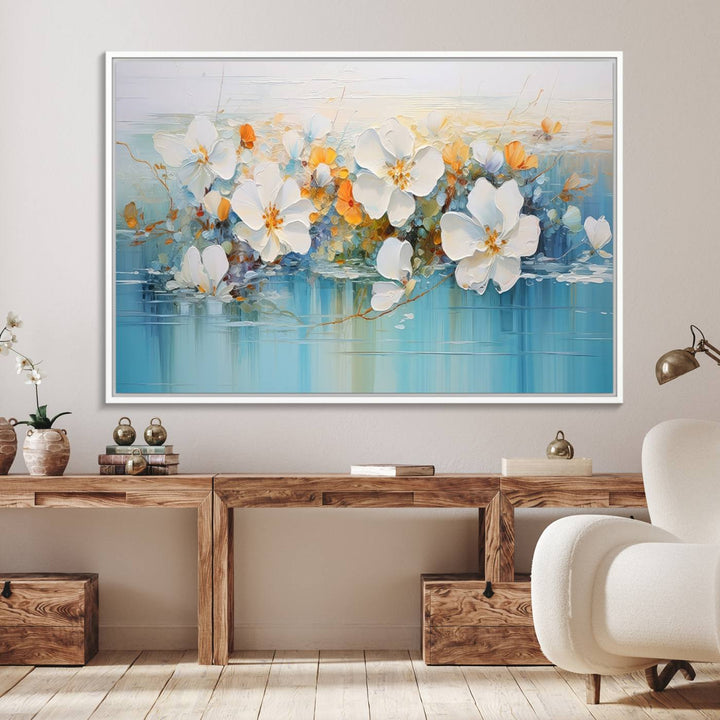 An Abstract Flower Wall Art Canvas Print in blue and orange hues.