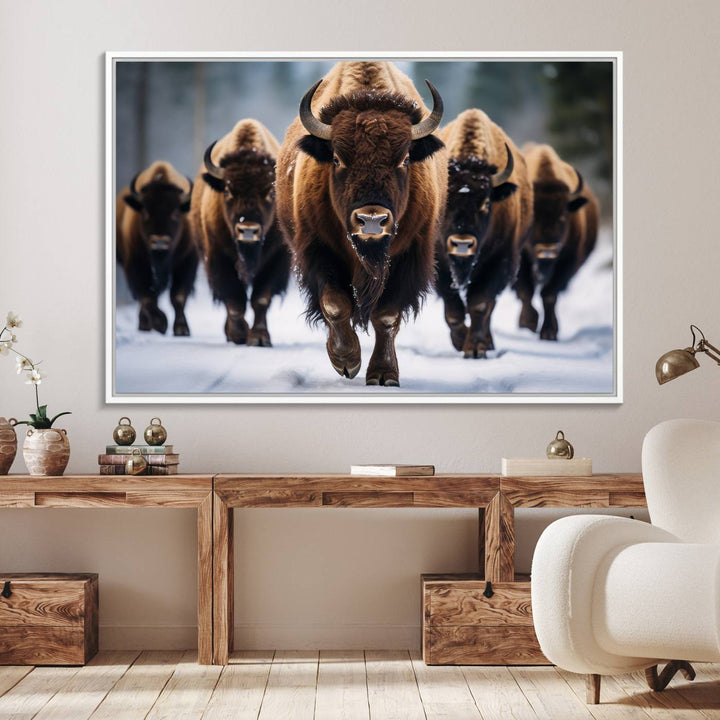 The dining room features an American Bison Herd Canvas Print against the snow.