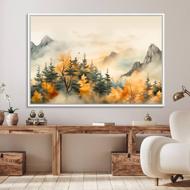 A wall art of Abstract Watercolor Mountains and Trees Autumn on museum-quality canvas.