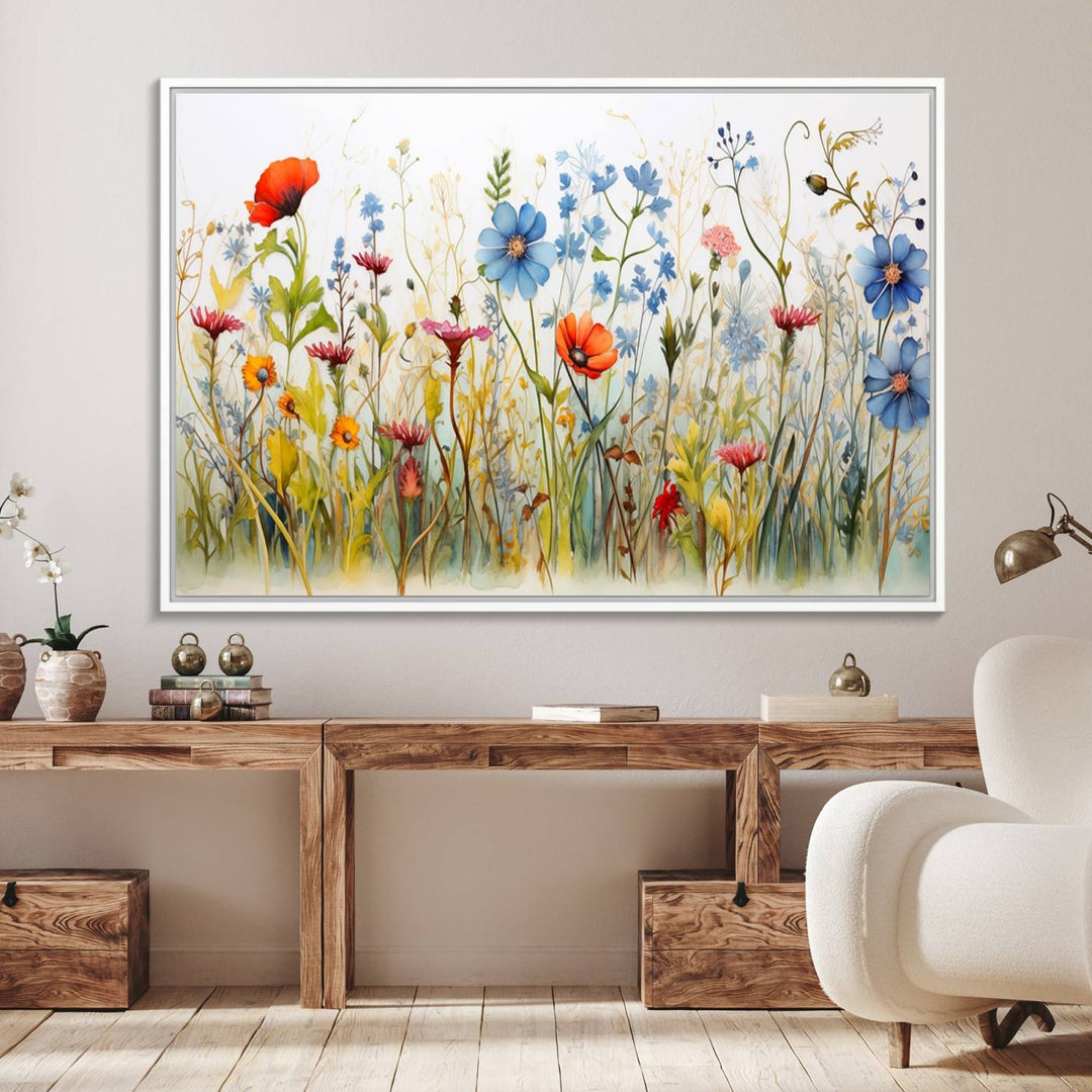 The vibrant Colorful Wildflower Canvas Wall Art adorns the wall.