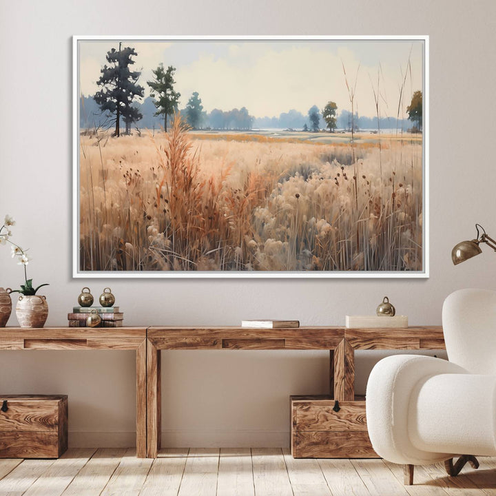 The Golden Fields Canvas Art Print, depicting a serene landscape, adds tranquility with its presence.