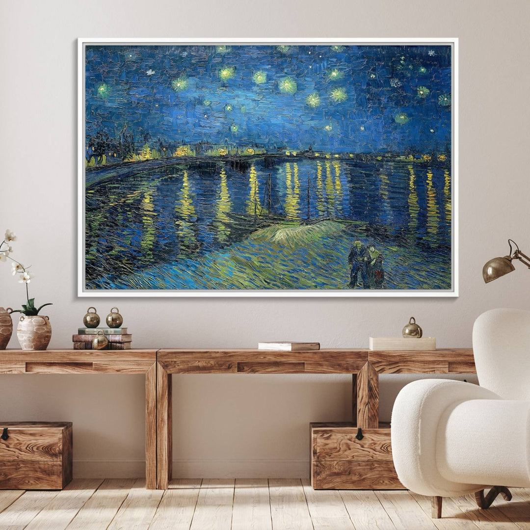 A Vincent van Gogh Starry Night over the Rhone canvas print is displayed on a porch.