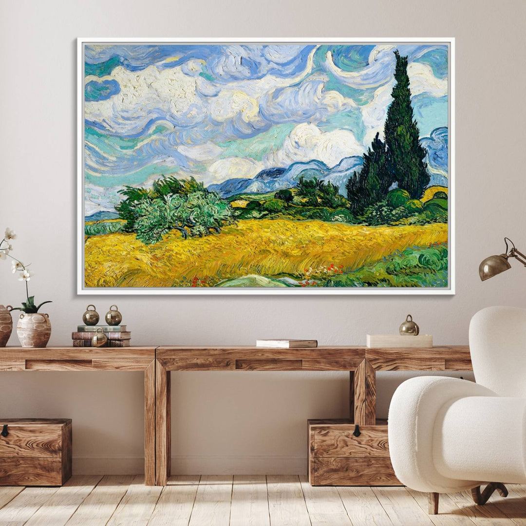 A kitchen featuring Wheatfield With Cypresses Van Gogh canvas wall art.