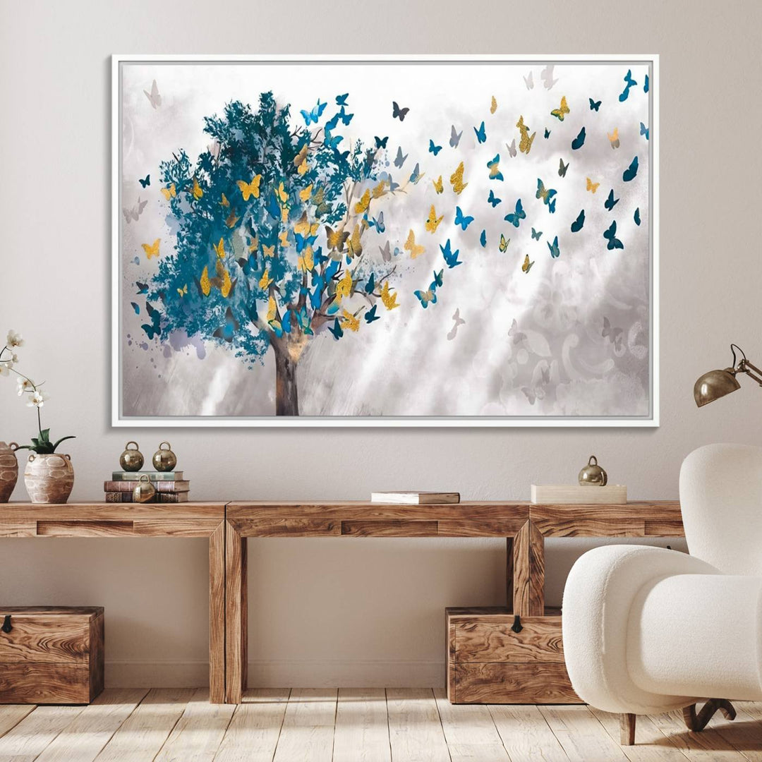 The modern dining room features Tree Butterfly Abstract Wall Art, adding a touch of nature-inspired decor.