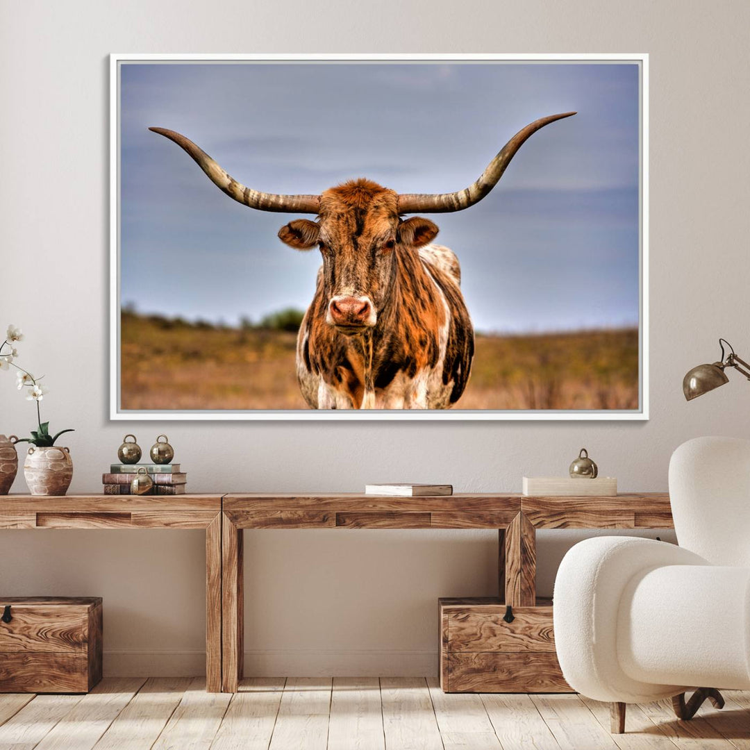 The Texas Longhorn Wall Art Print is displayed in a stylish living room.