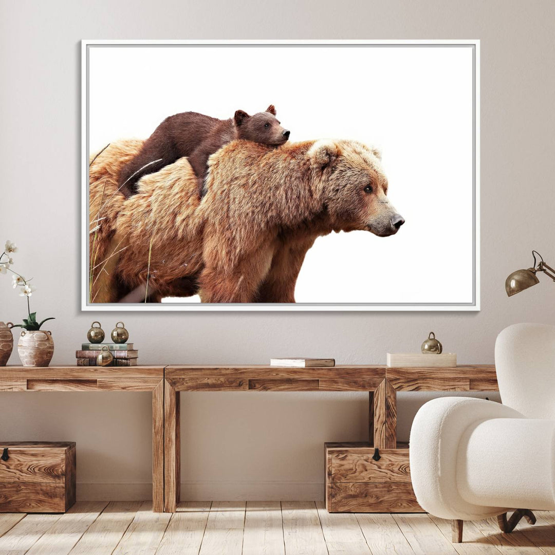 Mother and Baby Bear canvas: an adorable wildlife print displayed on a dark green wall.