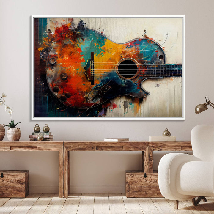 A vibrant guitar wall art canvas is mounted on the wall.