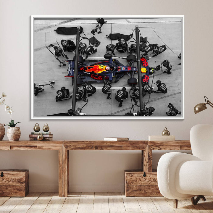 Red Bull Formula 1 Canvas Wall Art Print: An aerial view of a Formula 1 pit stop featuring a Red Bull car on premium canvas.