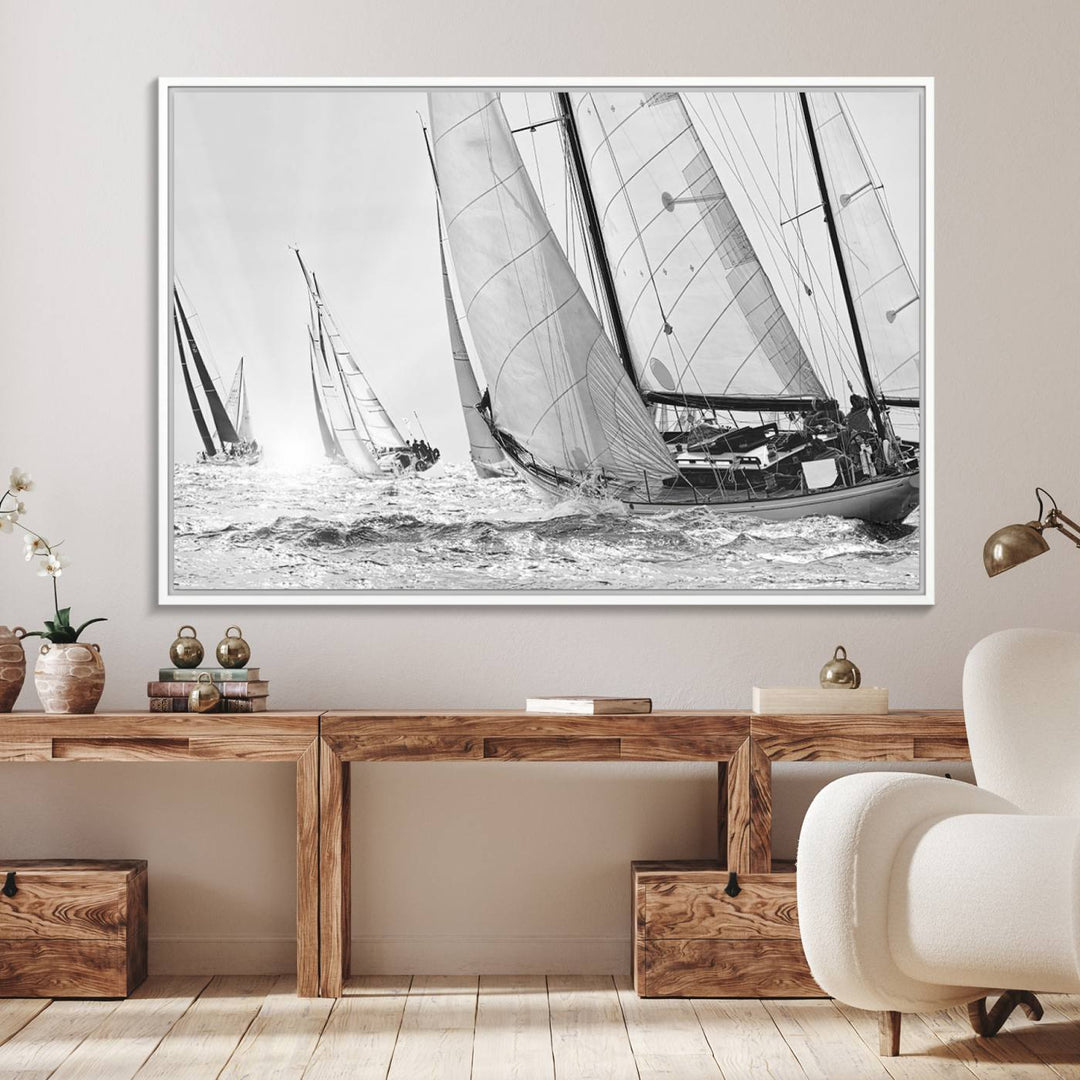 Yacht Sailboat Regatta canvas print on a textured wooden wall.