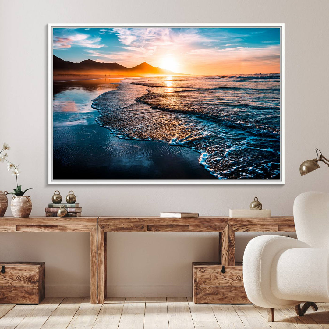 The Sunset Beach Ocean Canvas Wall Art – Tranquil Reflections at Dusk enhances the ambiance with its captivating depiction of serene ocean views at dusk.