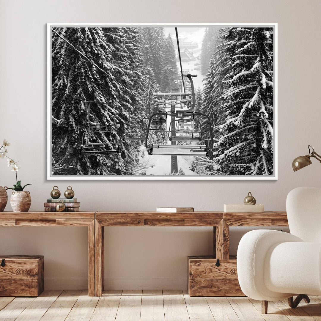 The Winter Ski Lift Canvas in minimalist style adds a unique touch to the dining room.