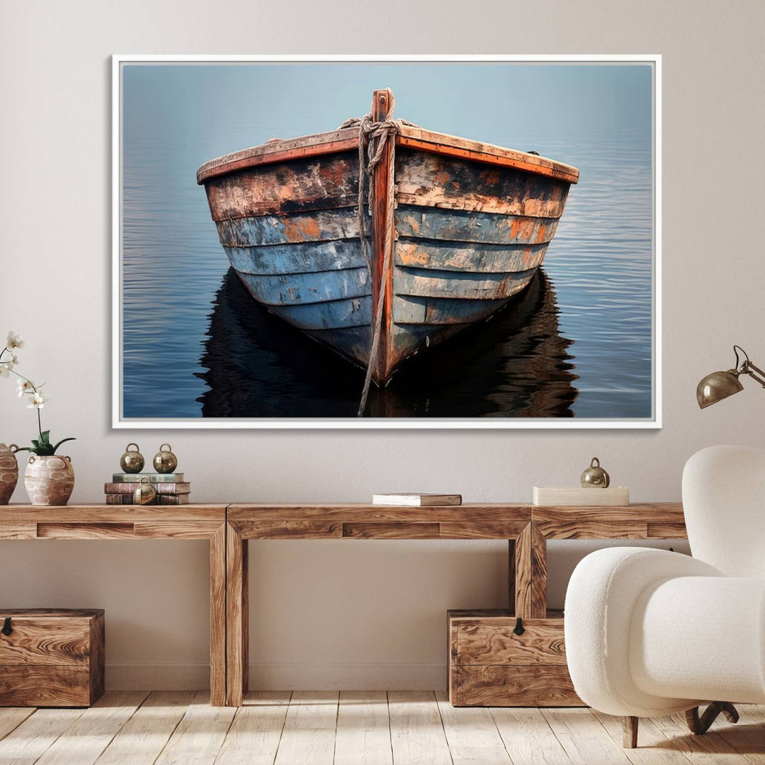 Stunning vintage boat canvas print featuring a calm water scene.