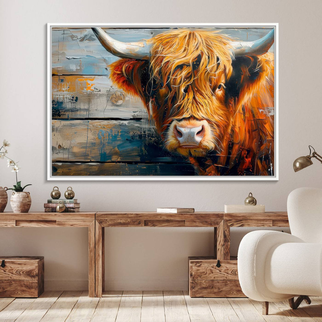 The dining room features Highland Cow Abstract Canvas Wall Art in a farmhouse rustic decor style.