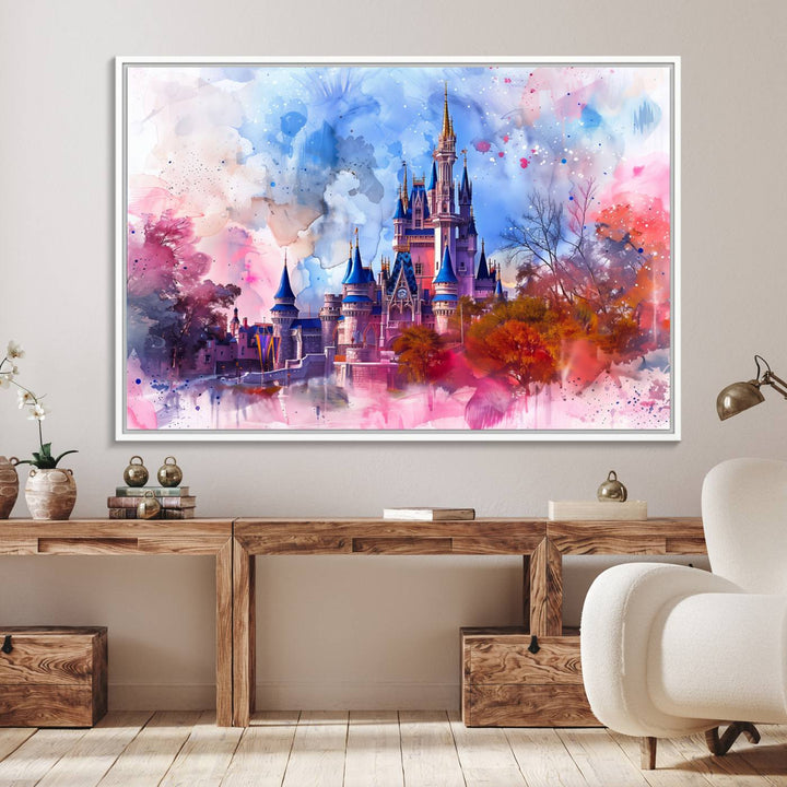 A Disney Wall Art: Dreamy Watercolor Cinderella Castle Canvas Print hangs prominently.