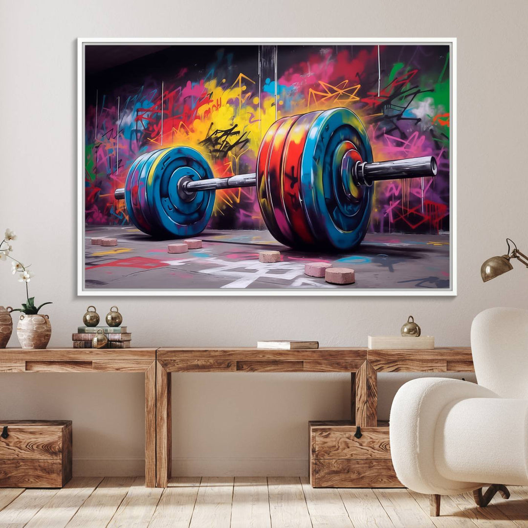 The Abstract Graffiti Barbell Canvas Wall Art is displayed on a porch.