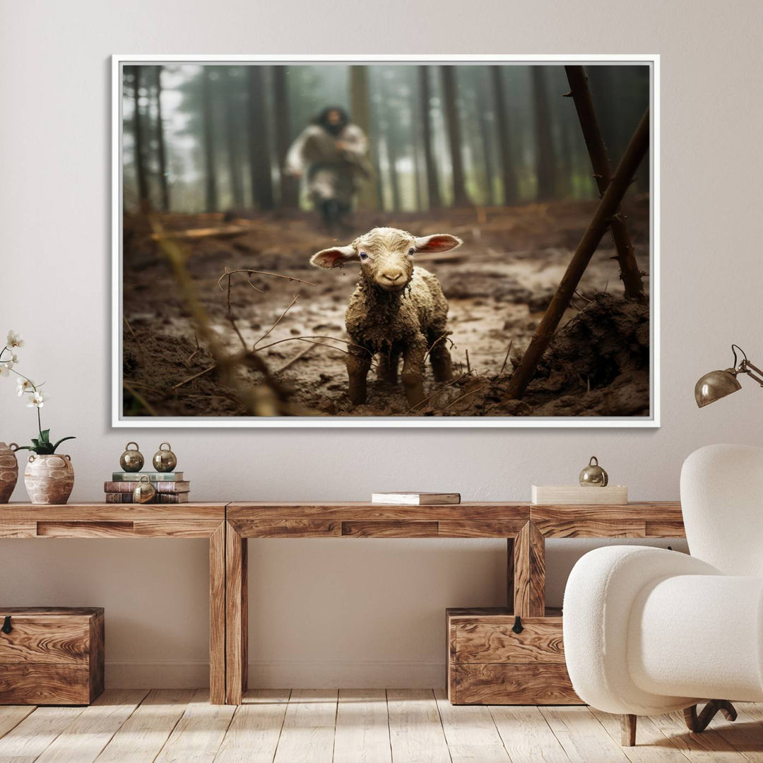 The Jesus Lost Lamb Canvas Wall Art features a heartwarming woodland scene, beautifully capturing the essence of serenity and grace.