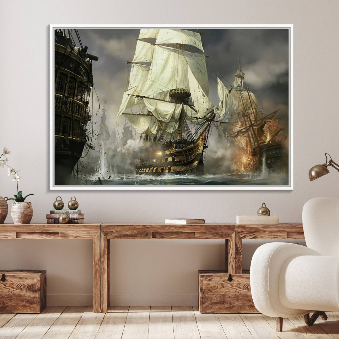 Featuring a dramatic Pirate Ship War Wall Art Canvas Print.