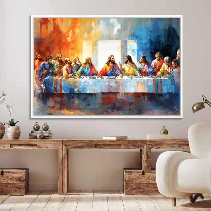 The Abstract Watercolor The Last Supper Wall Art with a gallery finish hangs prominently.