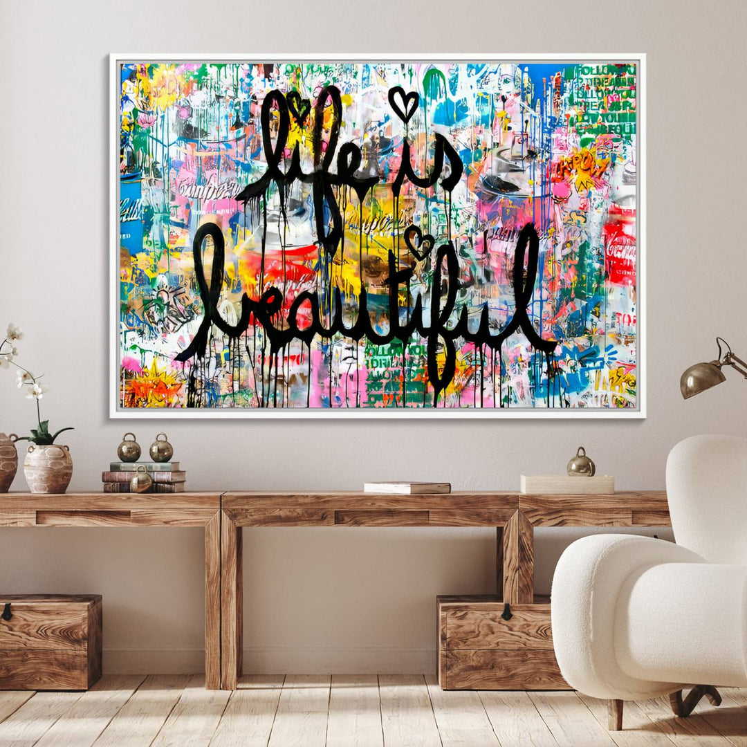 The Life Beautiful graffiti style canvas print is showcased in black script.