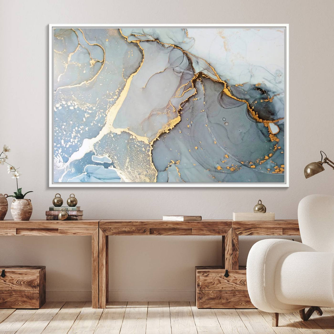 A blue and gold marbled Large Abstract Marble Wall Art Canvas Print hangs overhead.