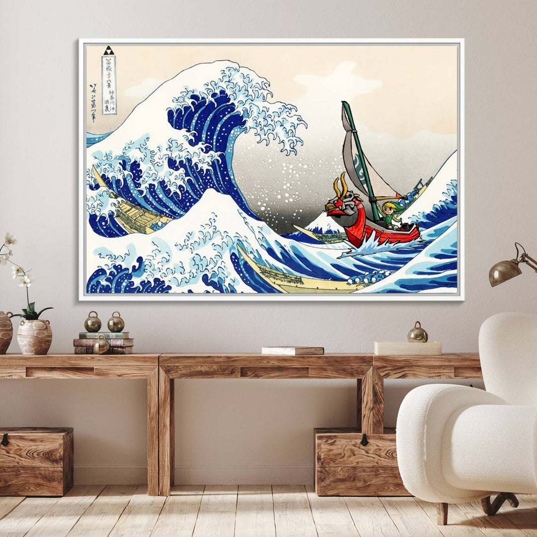 The Katsushika Hokusai Kanagawa Giant Wave Canvas print captures a vibrant sailing scene.