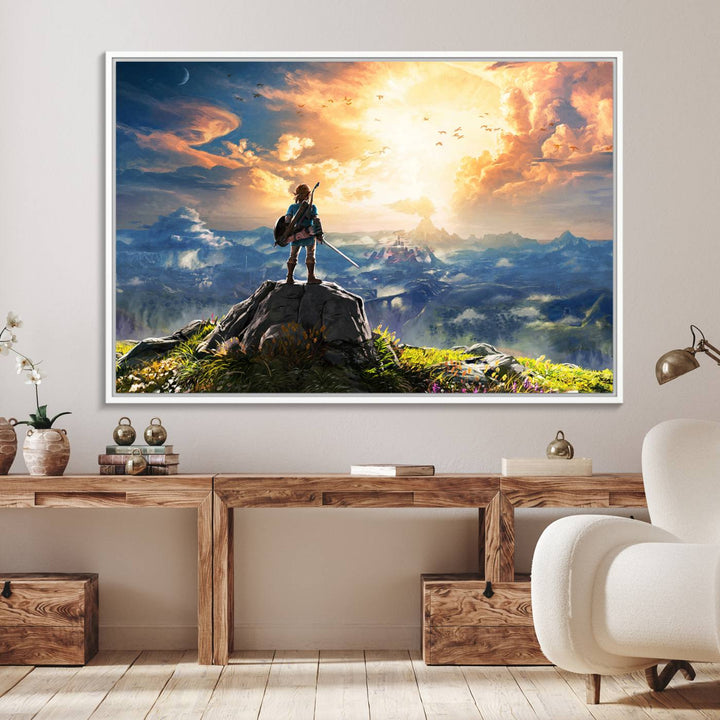 A vibrant Legend of Zelda Breath of the Wild canvas print depicts a figure standing on a rock with mountains and sky in the background.