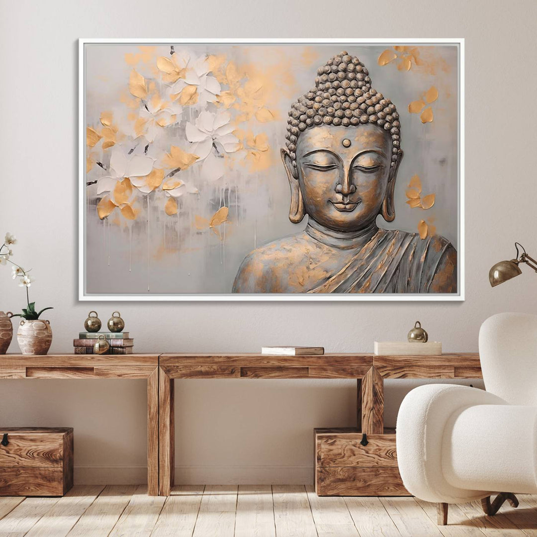 The serene dining room features Abstract Buddha Statue Wall Art.